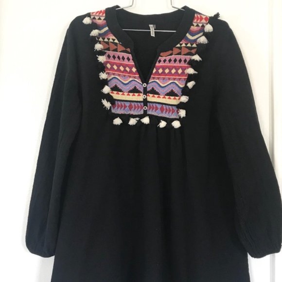 Black embroidered tassel fringe boho dress S - Picture 7 of 7